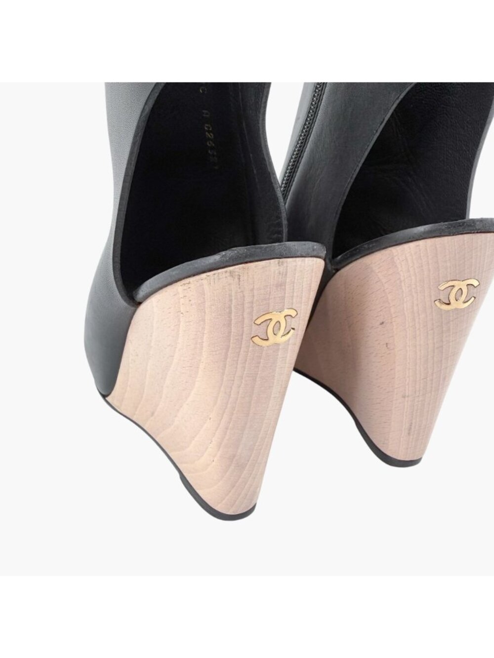 Chanel Black Leather Peep Toe CC Wedge Heel Ankle Booties Shoes Size 39 US 8–8.5 - Picture 7 of 15